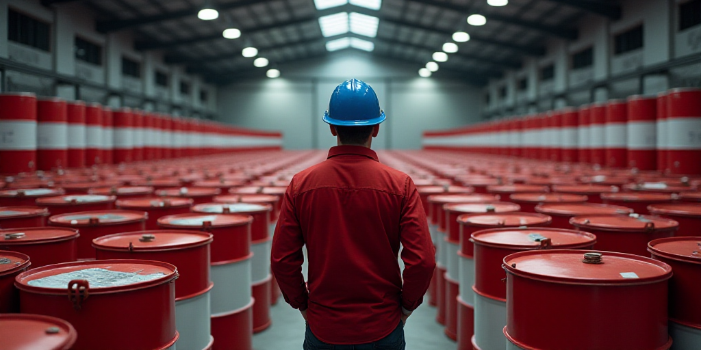 a man standing in a large room filled with red and white barrels with a blue helmet on top of them,