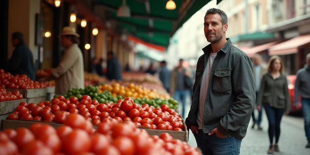 a man standing in a market with boxes of tomatoes in front of him and people looking at them in the