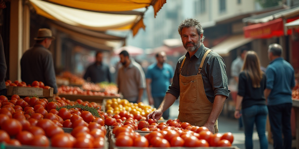 a man standing in a market with boxes of tomatoes in front of him and people looking at them in the