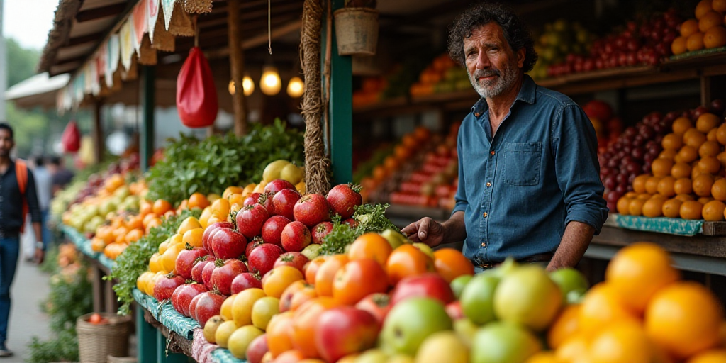 a man standing in a market with a lot of fruit on display in front of him and a woman standing next