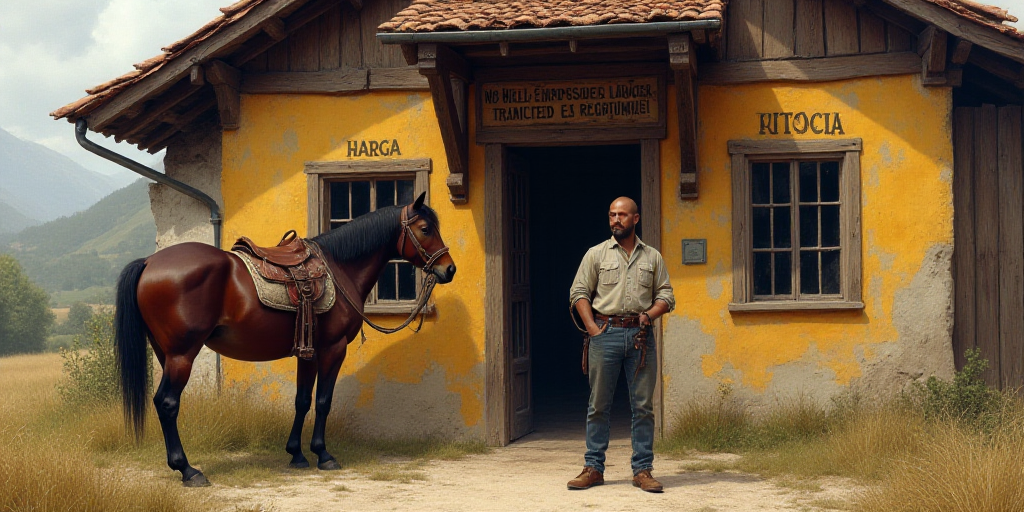 a man standing in front of a building with a horse on it's side and a sign on the side of the buildi