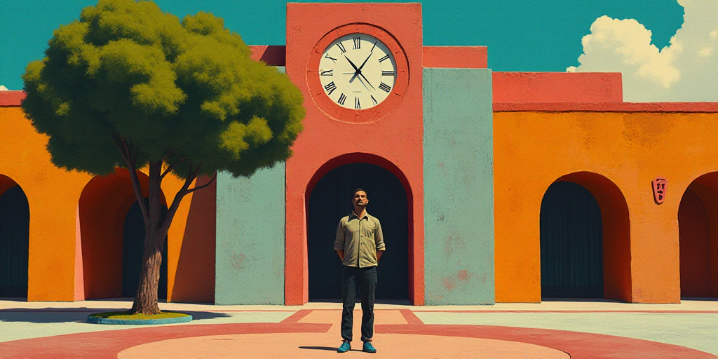 a man standing in front of a building with a clock on it's face and a tree in front of it, David Alf