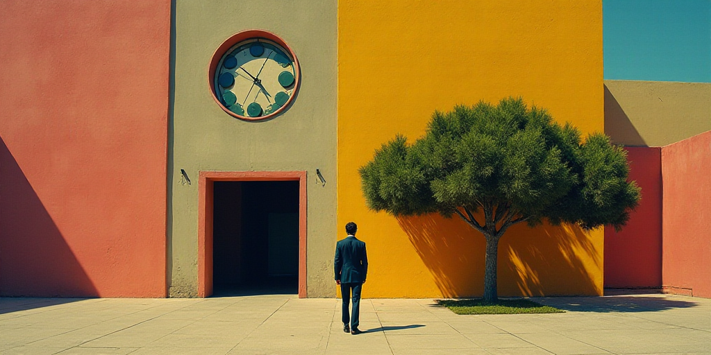 a man standing in front of a building with a clock on it's face and a tree in front of it, David Alf