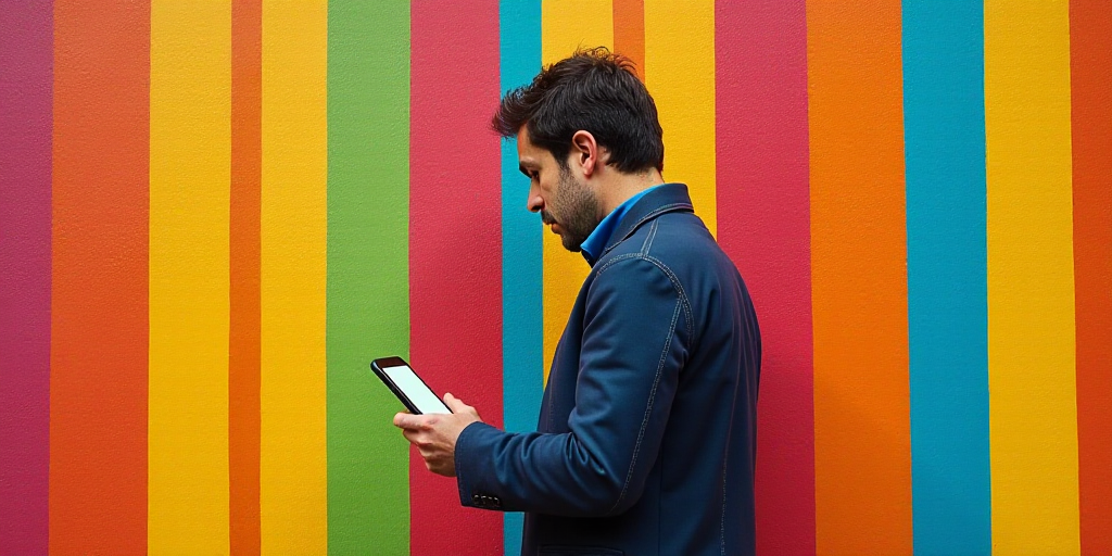 a man standing in front of a colorful wall using a cell phone in his hand and looking at his phone,