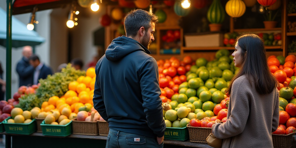 a man standing in front of a display of fruits and vegetables at a market stall with a woman looking