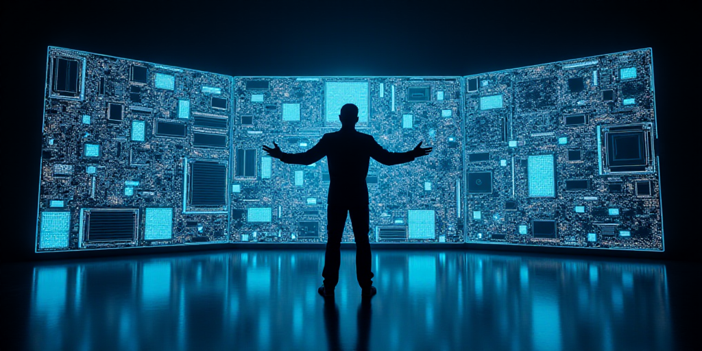 a man standing in front of a display of computer components on a stage with his hands out and his ar