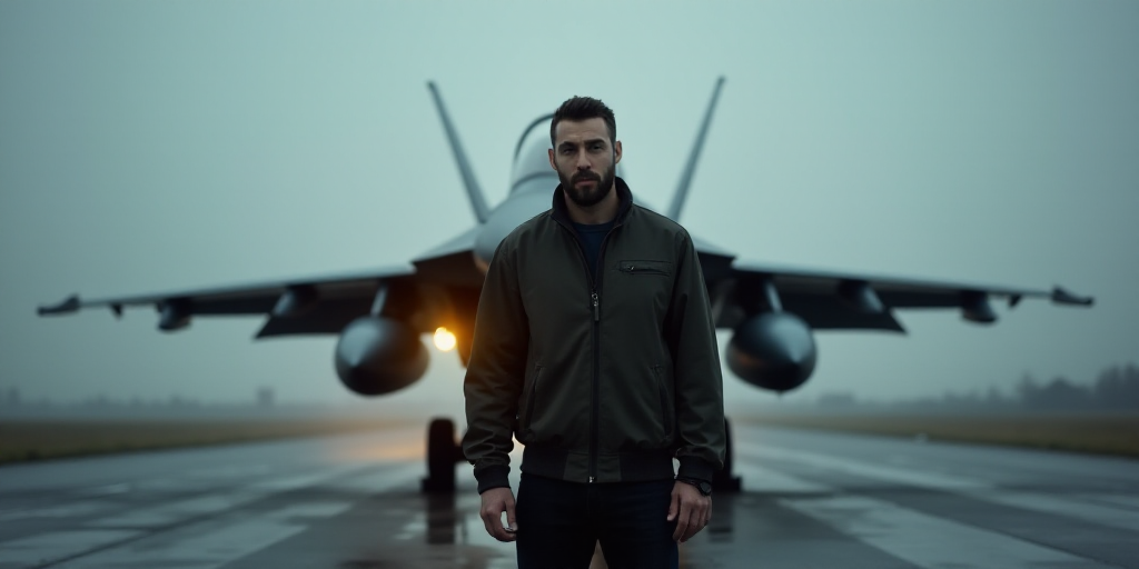 a man standing in front of a fighter jet on a runway with a yellow light on it's nose, Edo Murtić,