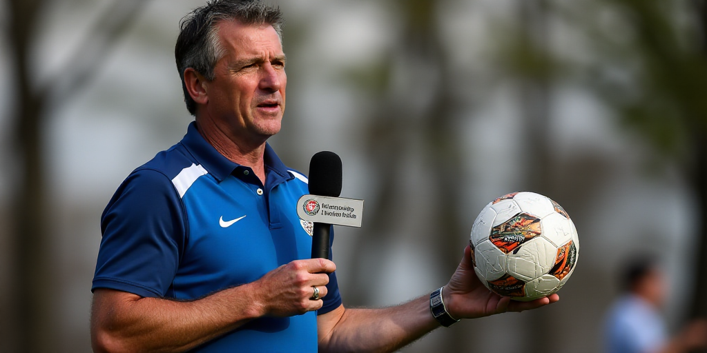 a man standing in front of a microphone holding a soccer ball in his hand and a microphone in his ot