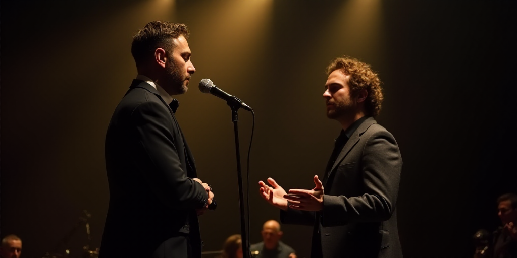 a man standing in front of a microphone on stage with a microphone in his hand and a man standing be