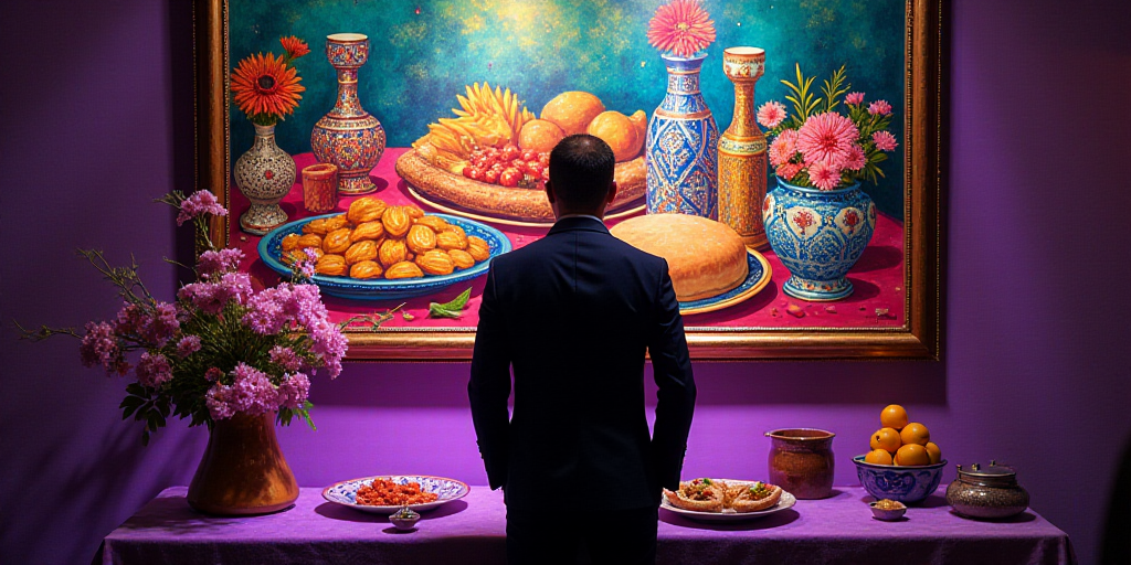 a man standing in front of a painting of food and a vase of flowers on a table with a purple light,