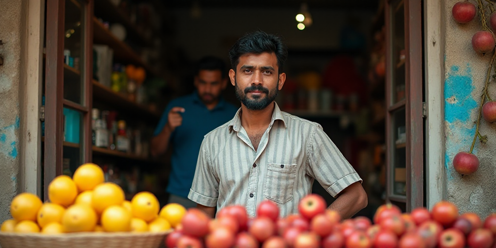 a man standing in front of a store with a bunch of fruit in front of him and a man behind him, Bikas