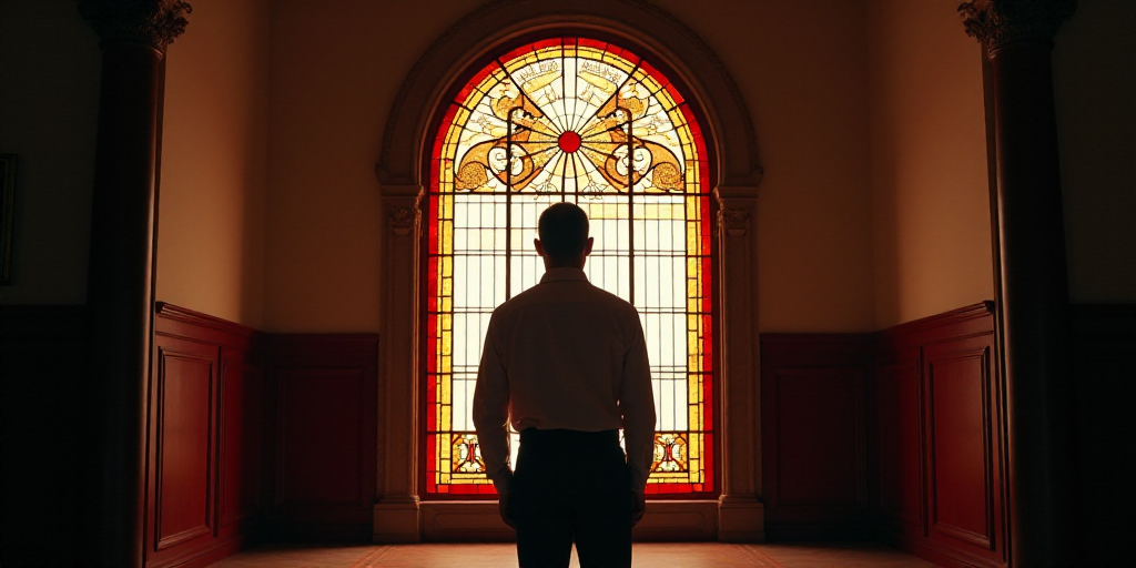 a man standing in front of a stained glass window in a room with a red and white sign behind him, Di