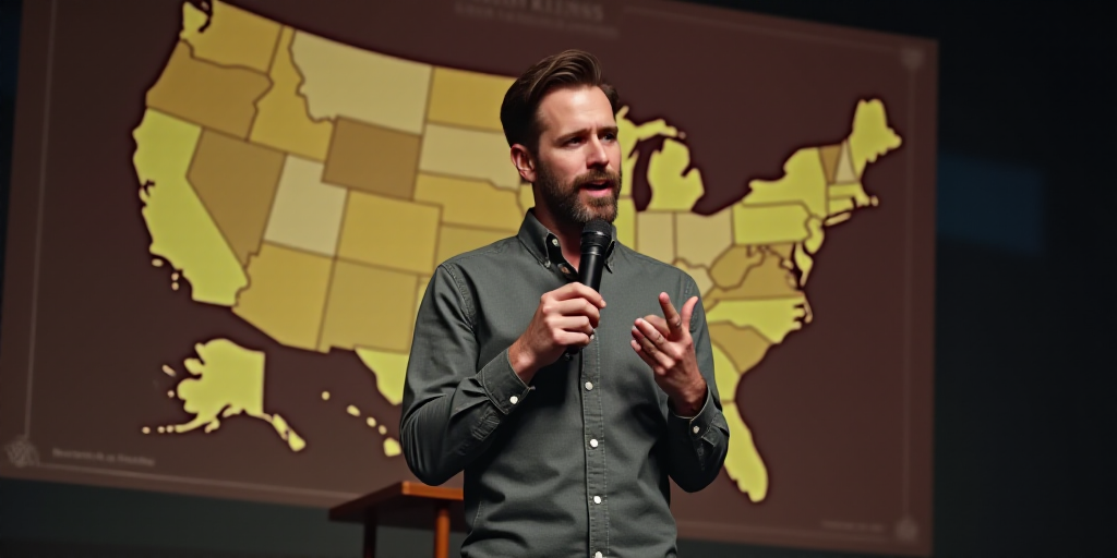 a man standing in front of a sign with a microphone in his hand and a map of the country behind him,