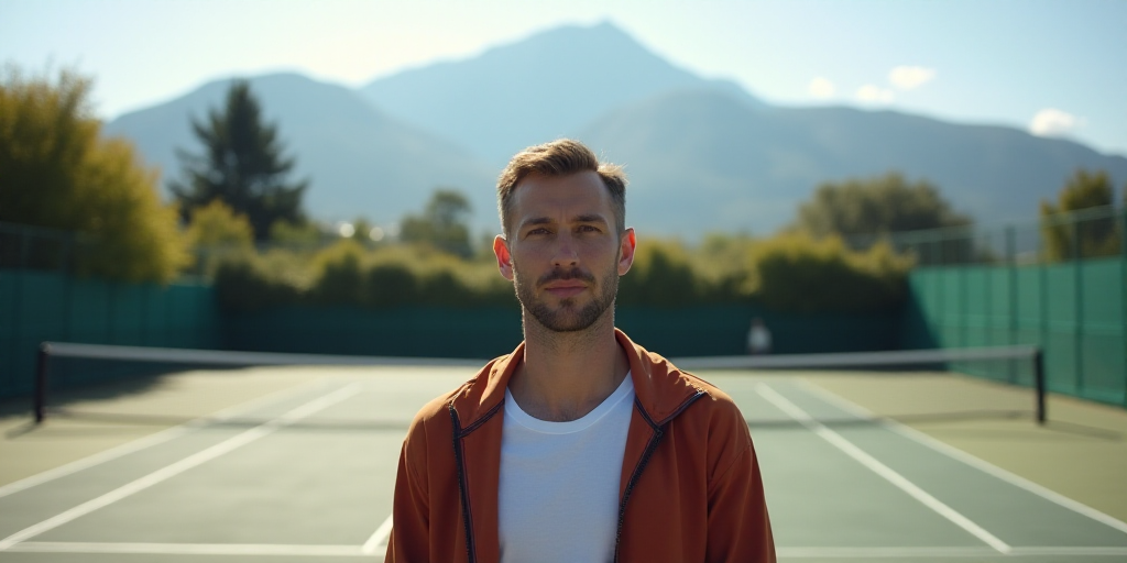 a man standing in front of a tennis court with a mountain in the background and a tennis court with
