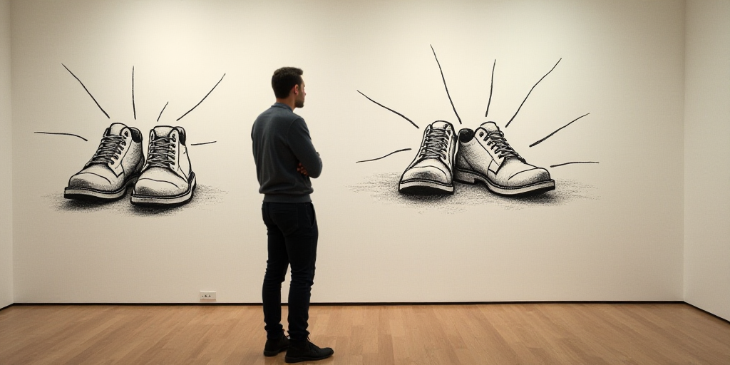a man standing in front of a wall with a drawing of shoes on it and a pair of shoes on the wall, Ala