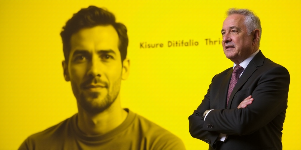 a man standing in front of a yellow background with a picture of a man in the background and words t