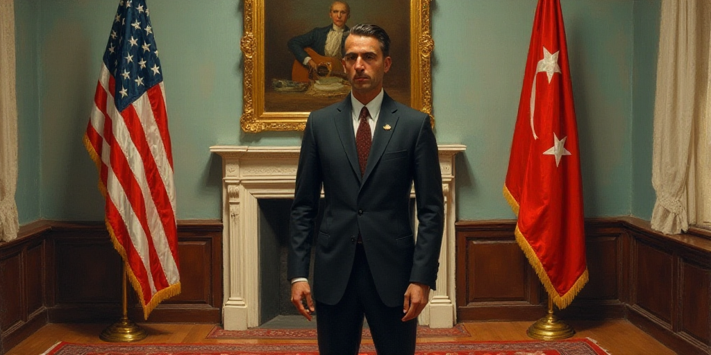 a man standing in front of two flags in a room with a mirror and a fireplace in the background, Agus