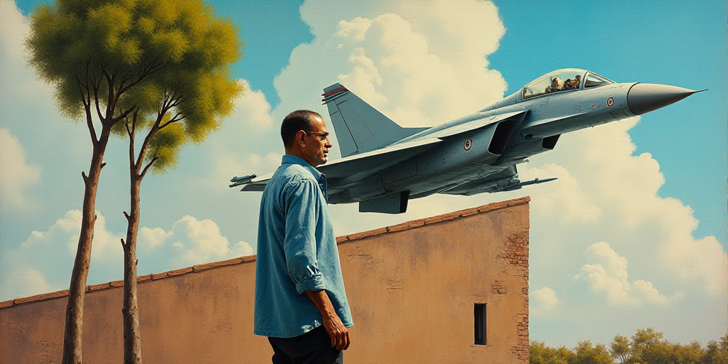 a man standing next to a fighter jet on top of a building next to a tree and a man in a blue shirt,