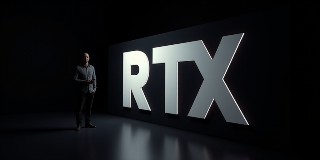 a man standing next to a large tv screen with a logo on it's side and a black background, Andries St