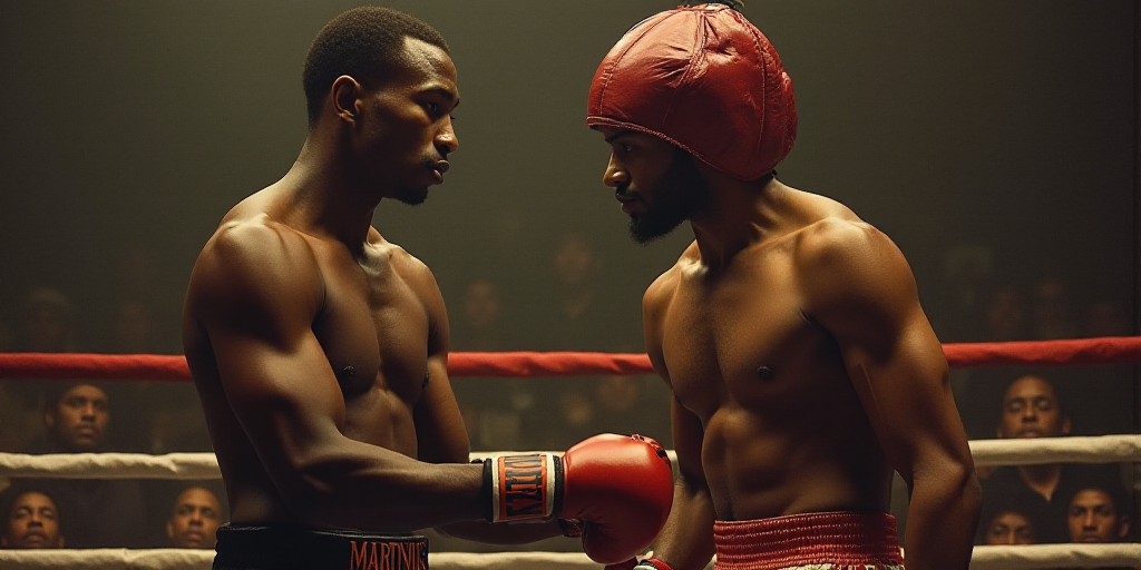 a man standing next to a man in a boxing ring with a punching glove on his head and a crowd watching