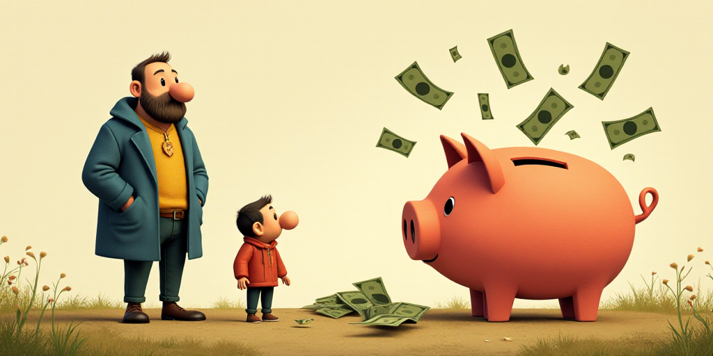 a man standing next to a piggy bank with money coming out of it and another man standing next to it,