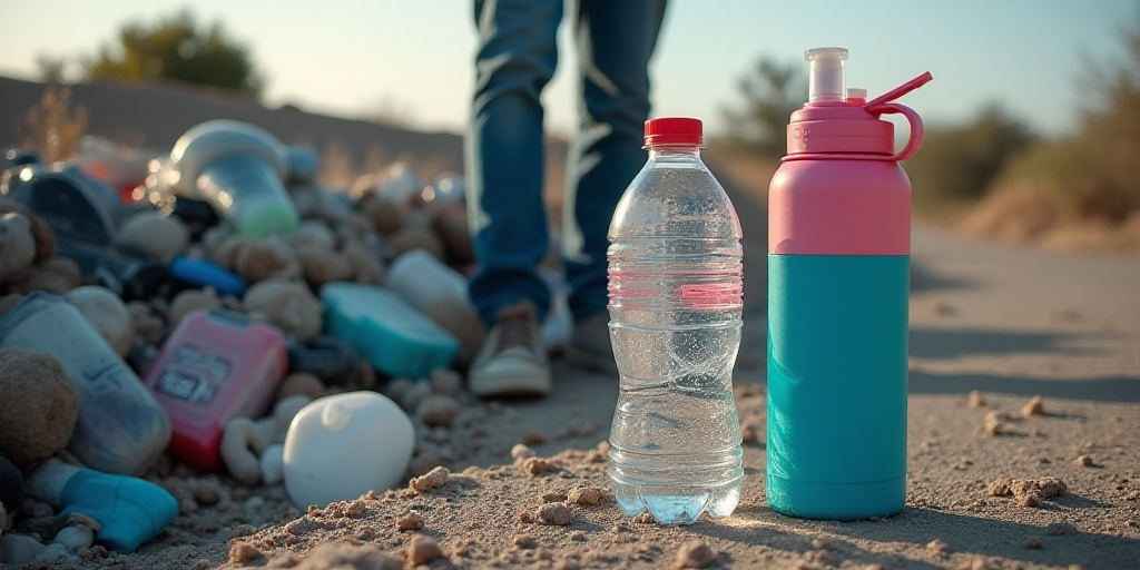 a man standing next to a pile of trash and a bottle of water and a pink and blue water bottle, Aquir