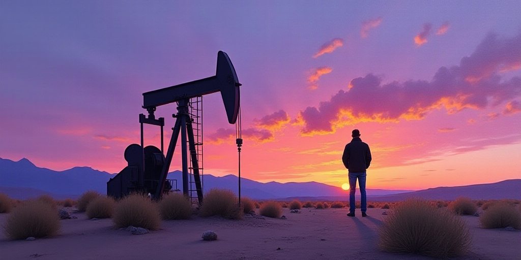 a man standing next to a pump in the desert at sunset with a purple sky behind him and a purple and