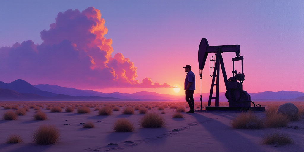 a man standing next to a pump in the desert at sunset with a purple sky behind him and a purple and