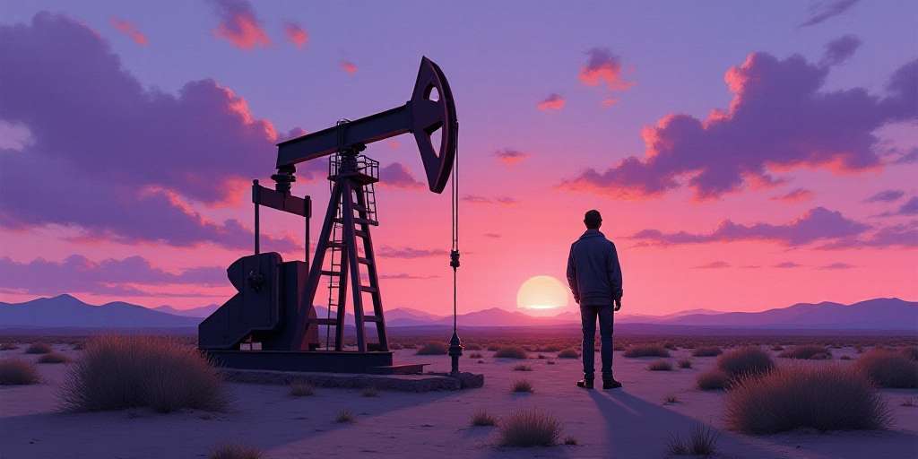a man standing next to a pump in the desert at sunset with a purple sky behind him and a purple and