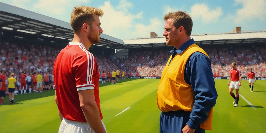 a man standing next to another man on a field with a referee behind him and a crowd of people watchi