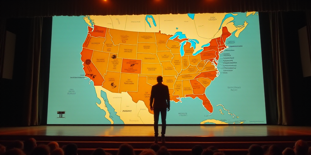 a man standing on a stage with a map of the united states on it's wall and a map of beer on the wall
