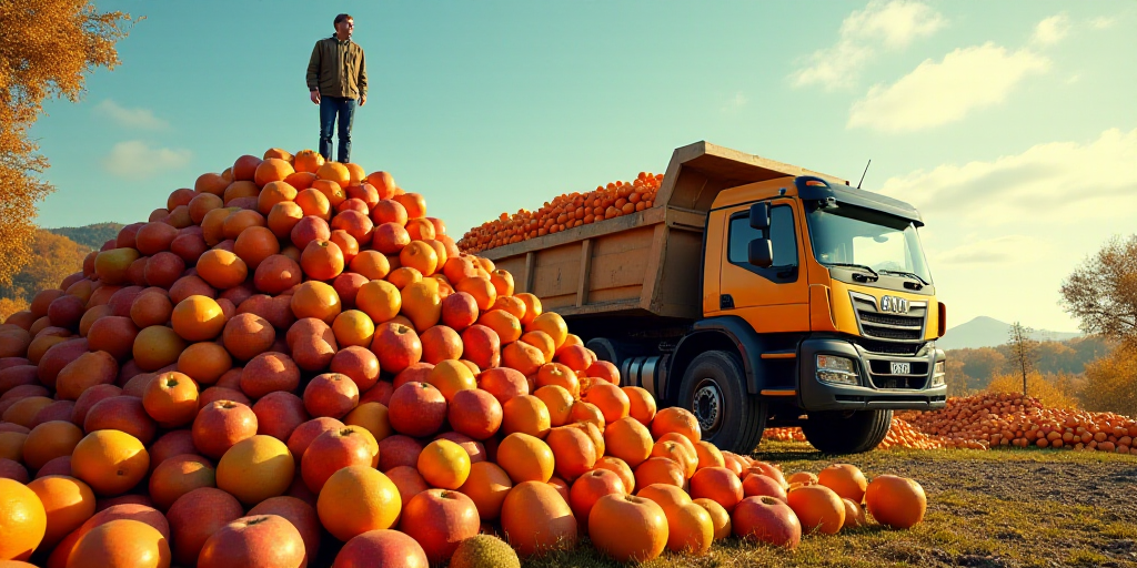 a man standing on top of a large pile of fruit next to a dump truck filled with apples and oranges,