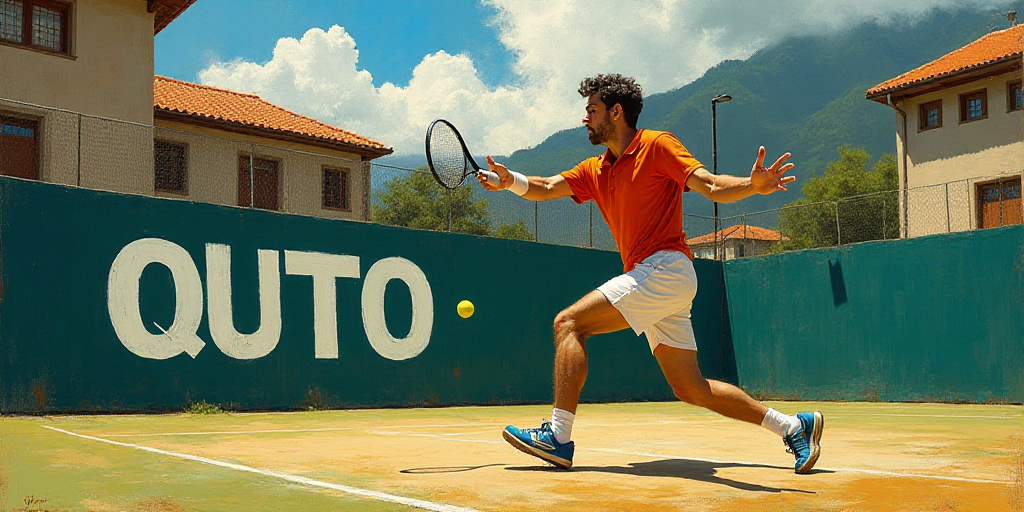 a man swinging a tennis racquet at a ball on a tennis court with a big sign behind him, Alejandro Ob