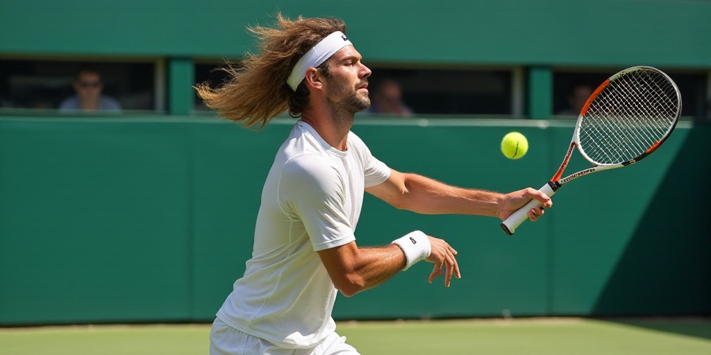 a man swinging a tennis racquet at a tennis ball on a court with a logo on the wall behind him, Carl
