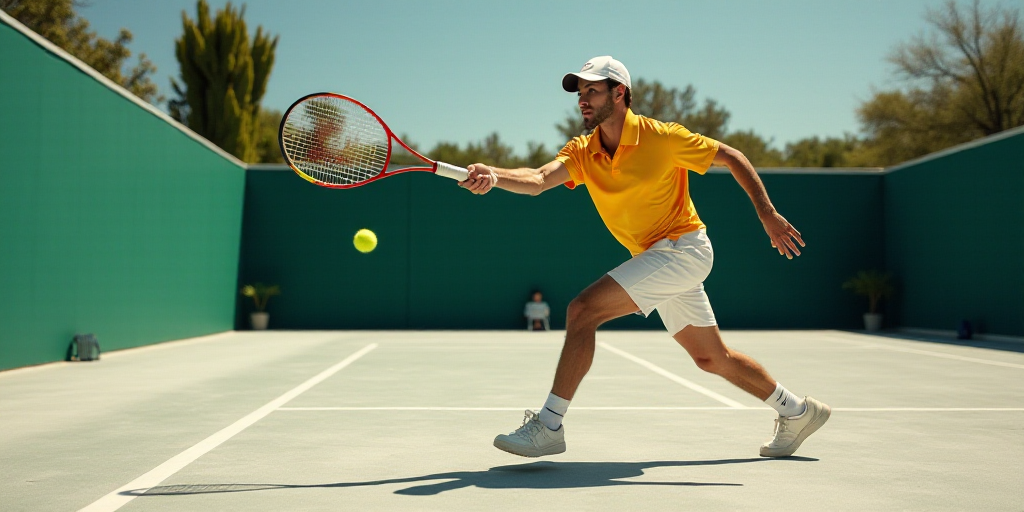 a man swinging a tennis racquet at a tennis ball on a tennis court with a racket, Emiliano Ponzi, lo