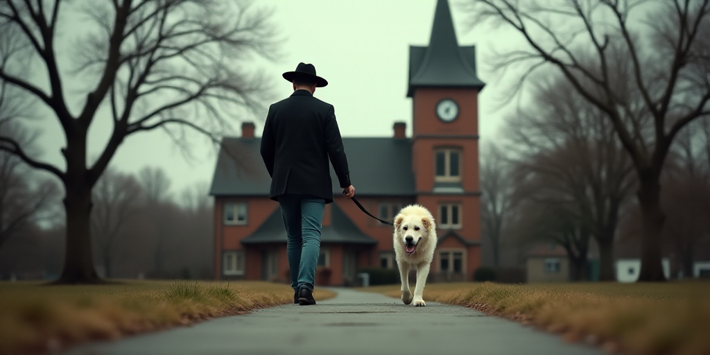 a man walking a dog down a sidewalk in front of a building with a clock tower on it's side, Brian 'C