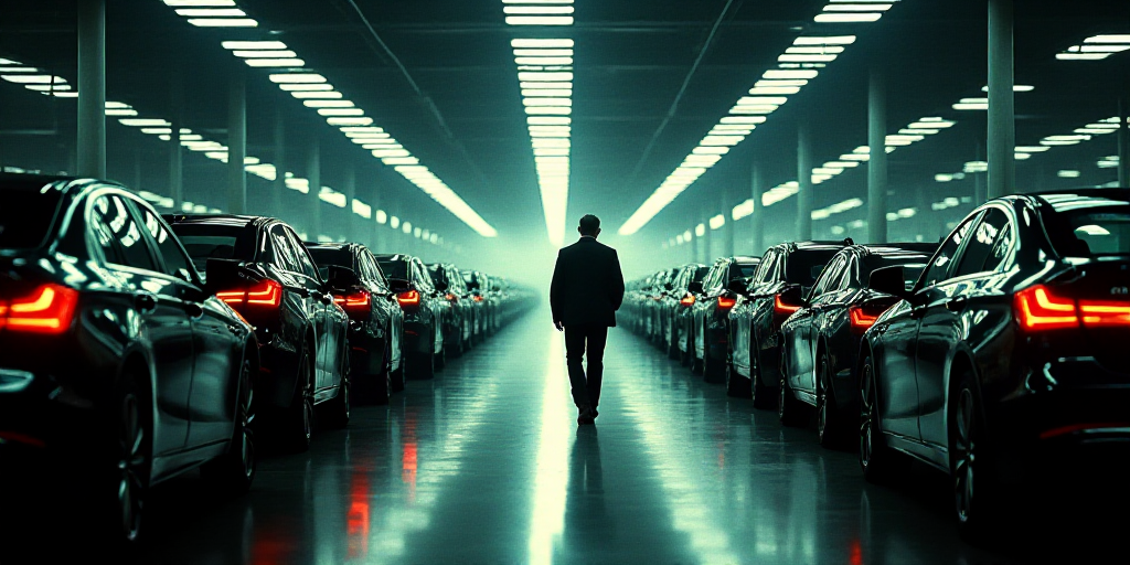 a man walking down a hallway between rows of cars in a factory with a ceiling full of cars and peopl