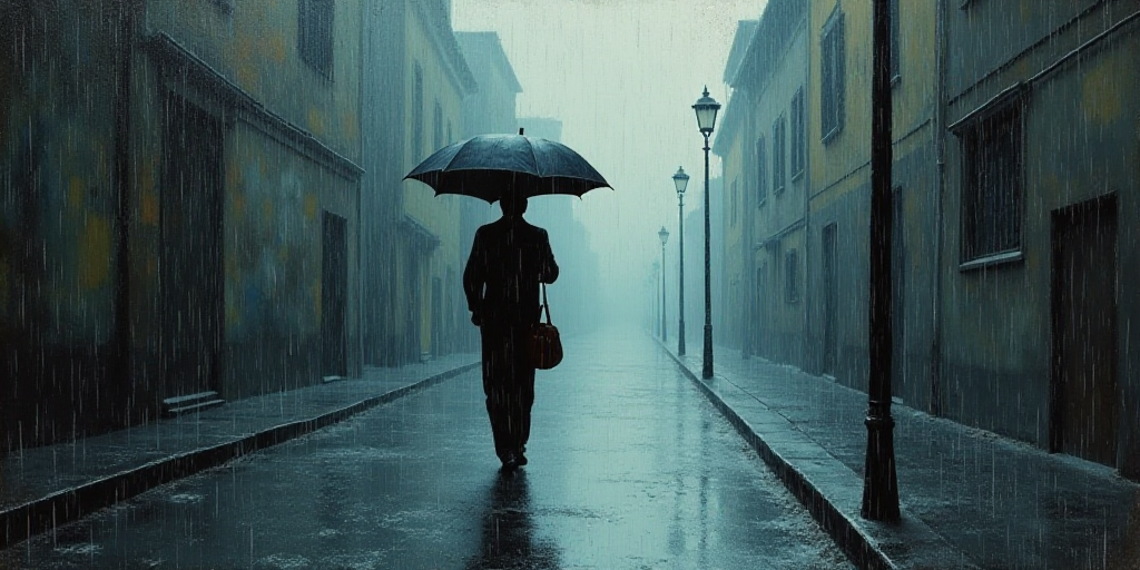a man walking down a street in the rain with an umbrella over his head and a bag on his shoulder, De
