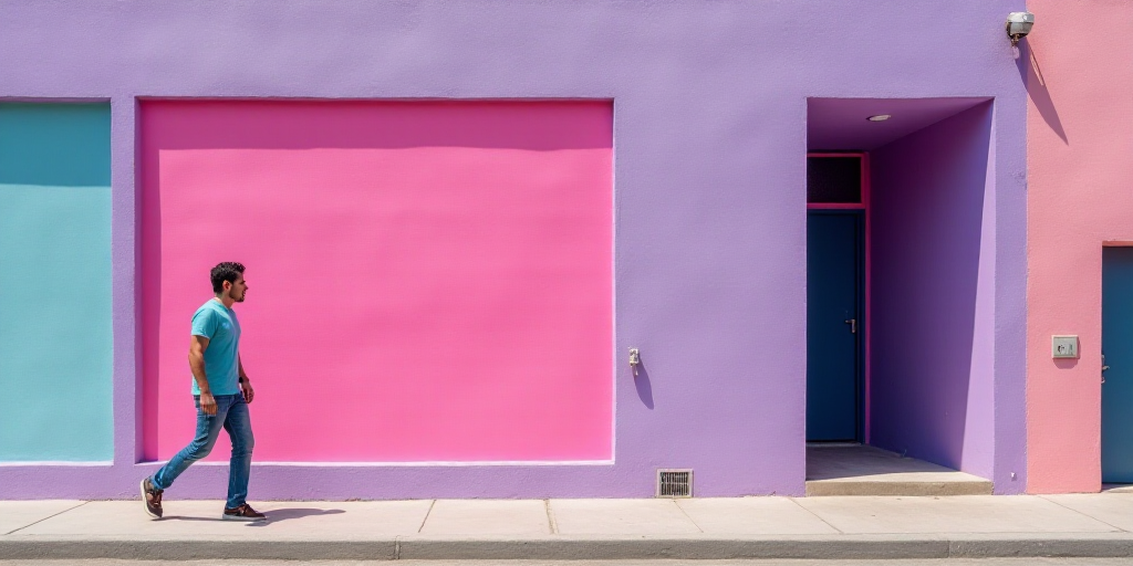 a man walking in front of a building with a pink sign on it's side and a man in a blue shirt and jea