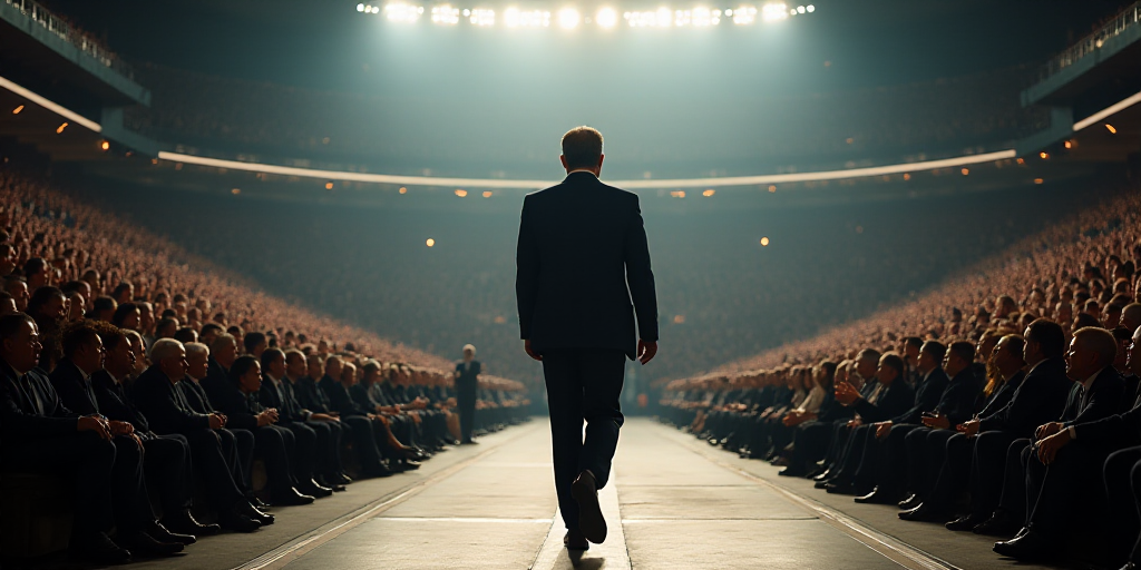 a man walking on a stage in front of a crowd of people in a stadium with a man in a suit, Alejandro