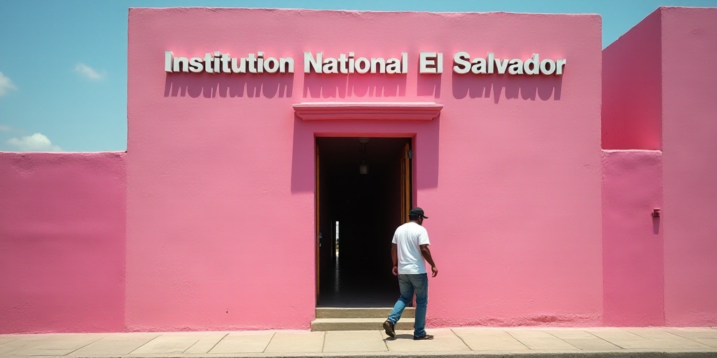 a man walking out of a pink building with a sign that says institution national el salvador on it's