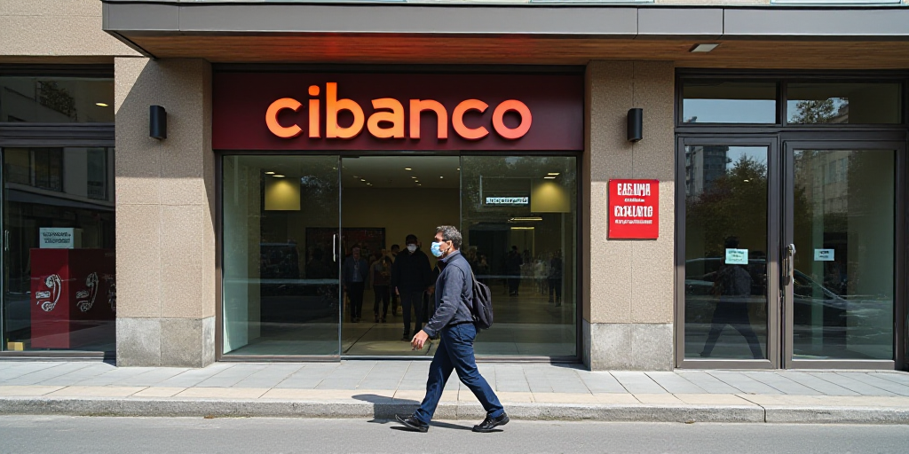 a man walking past a bank and a building with a sign on it that says cibanco and a man walking past