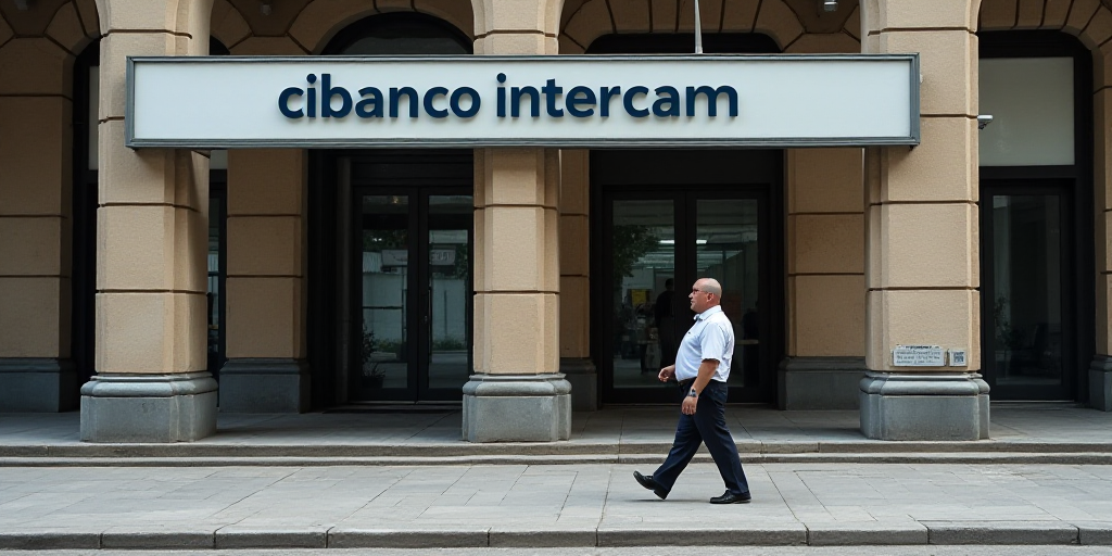a man walking past a bank and a building with a sign on it that says cibanco intercam, Carlos Trillo