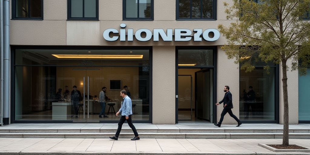 a man walking past a bank and a building with a sign on it that says cibanco and a man walking past