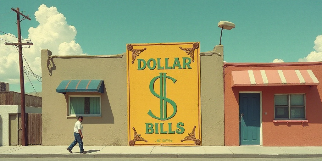 a man walking past a dollar bill sign and a sign for dollar bills on the side of a building, Estuard