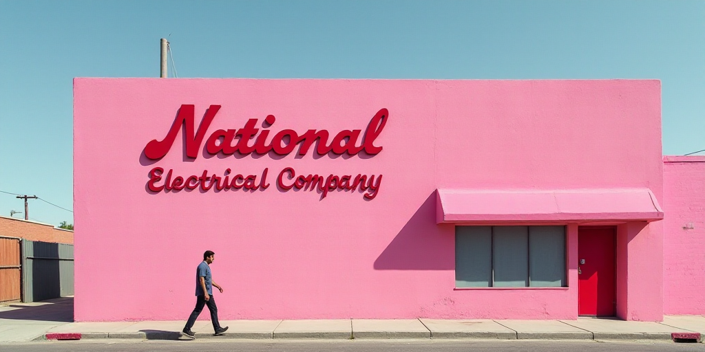 a man walking past a pink building with a sign that says national electrical company on it's side, D