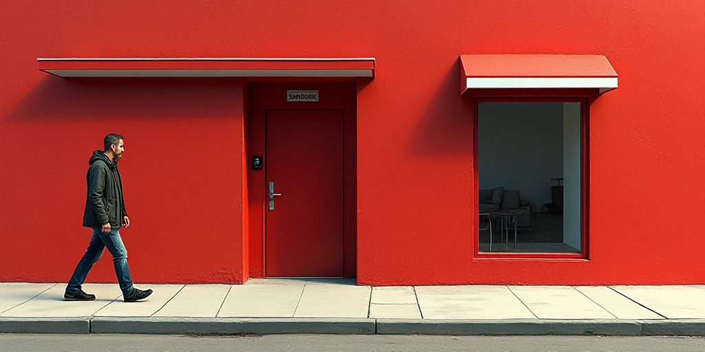 a man walking past a store front with a red wall and a sign that says sandnderr on it, Carlos Saenz