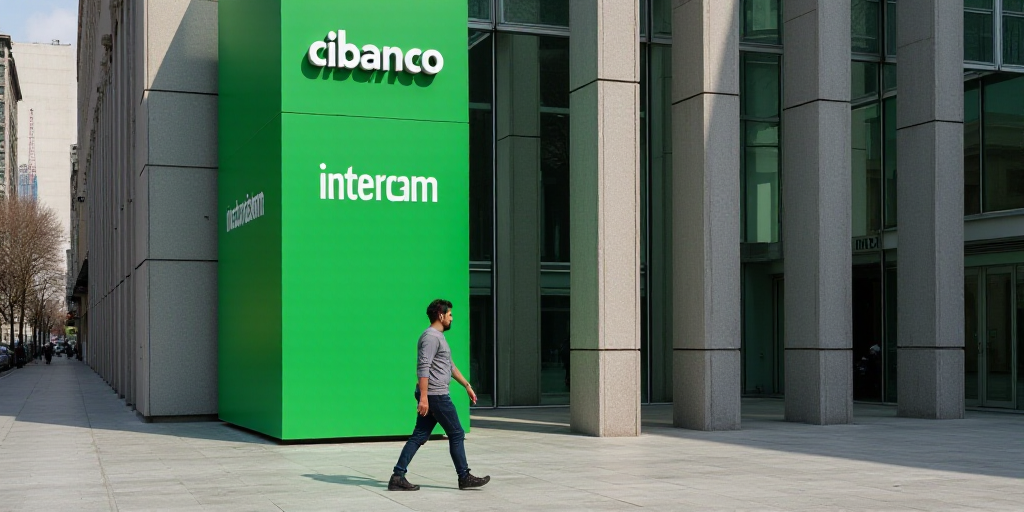 a man walking past a tall building next to a tall green sign that says cibanco intercam, Carlos Fran