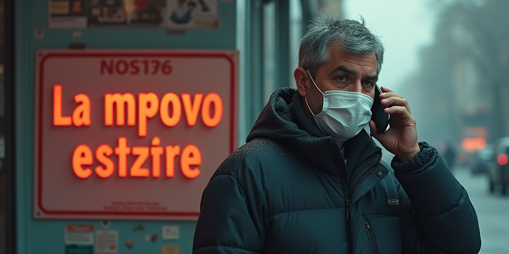 a man wearing a face mask and a jacket talking on a cell phone in front of a sign that says la mppox