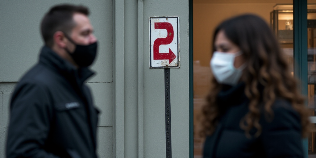 a man wearing a face mask walks past a dow sign with a red arrow on it and a woman in a black jacket